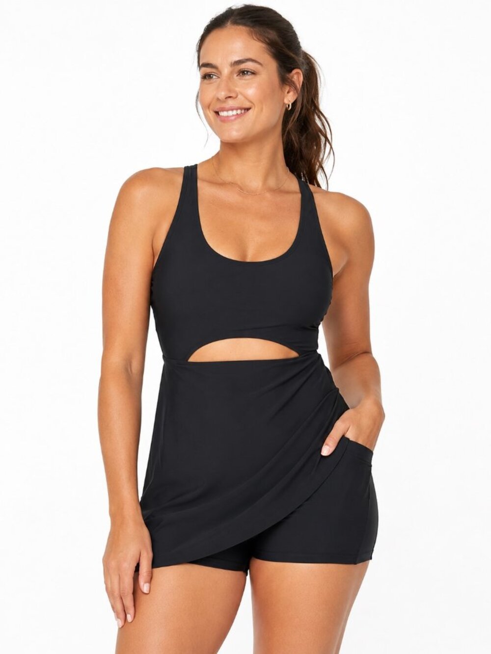 Outdoor Voices Scoop Neck Swim Dress Black XL Cut Out Built-In Shorts NWT